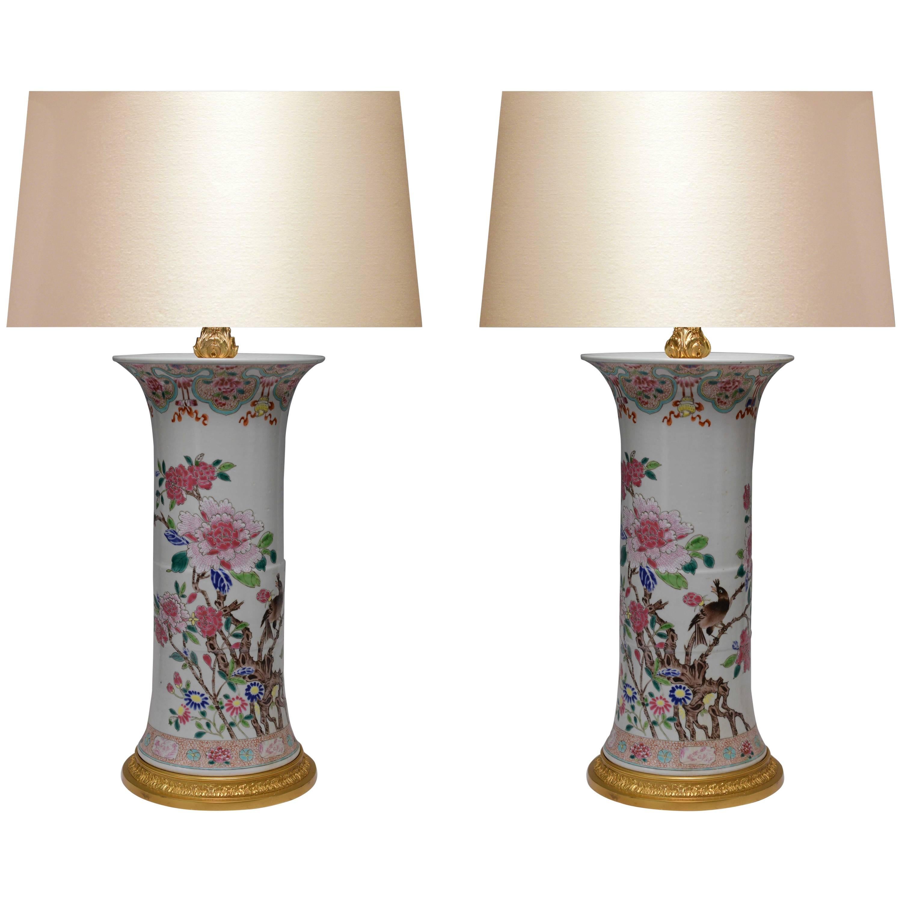 Pair of Familie Rose Porcelain Lamps