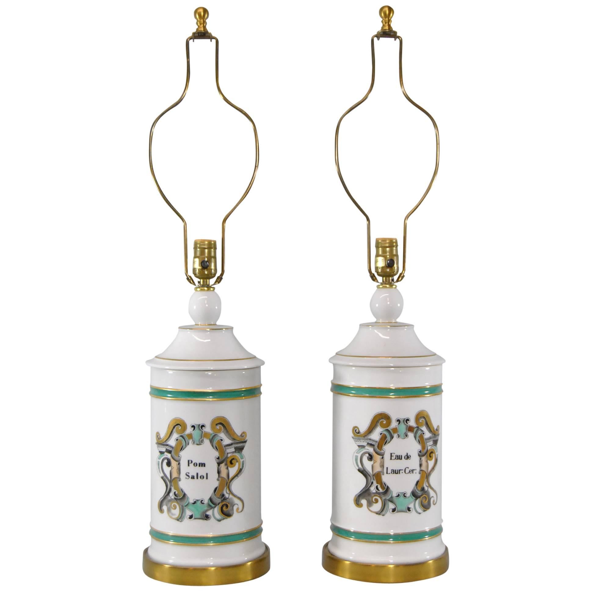 Pair of Apothecary Jar Lamps with French Motif by Paul Hanson