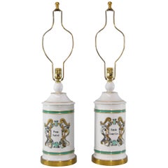 Vintage Pair of Apothecary Jar Lamps with French Motif by Paul Hanson