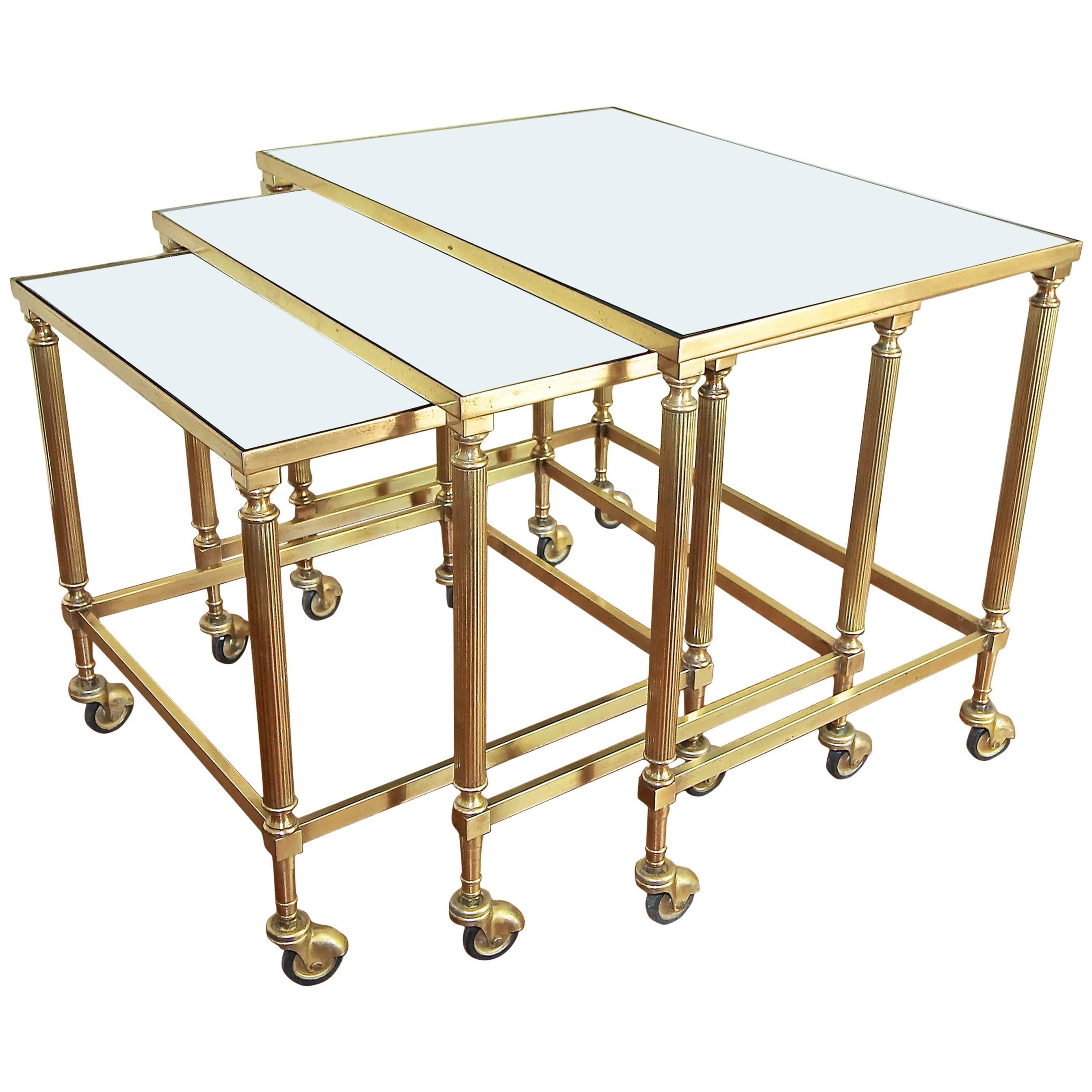 Trio of French Brass Mirrored Top Nesting Tables For Sale