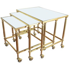Trio of French Brass Mirrored Top Nesting Tables