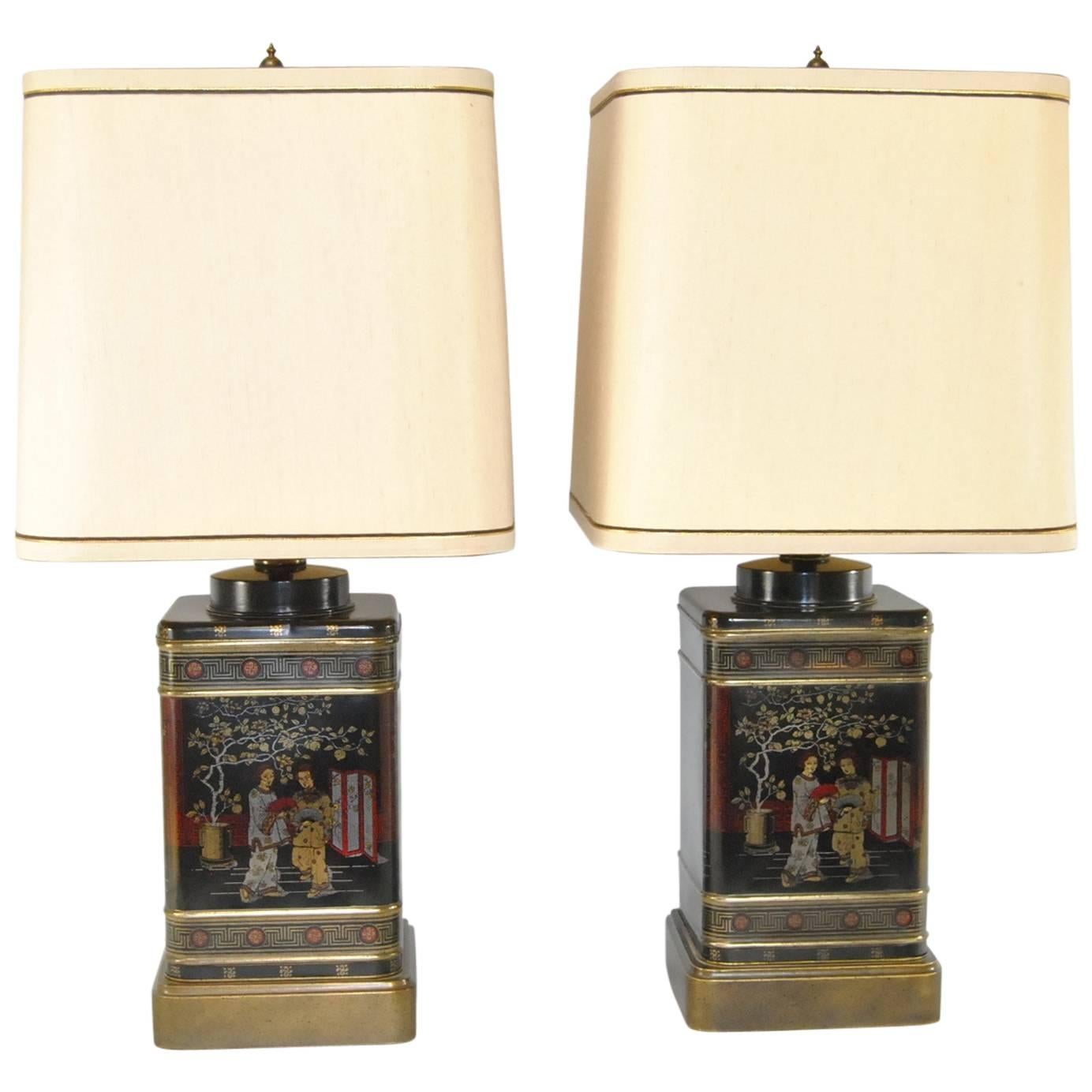 Pair of Black Asian Themed Tin Tea Canister Table Lamps by Frederick Cooper
