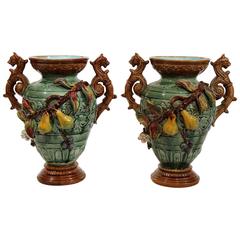 Pair of 1920s French Barbotine Vases with Pears and Grapes