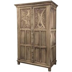 Antique Stripped Gothic Hand Carved Solid Oak Armoire