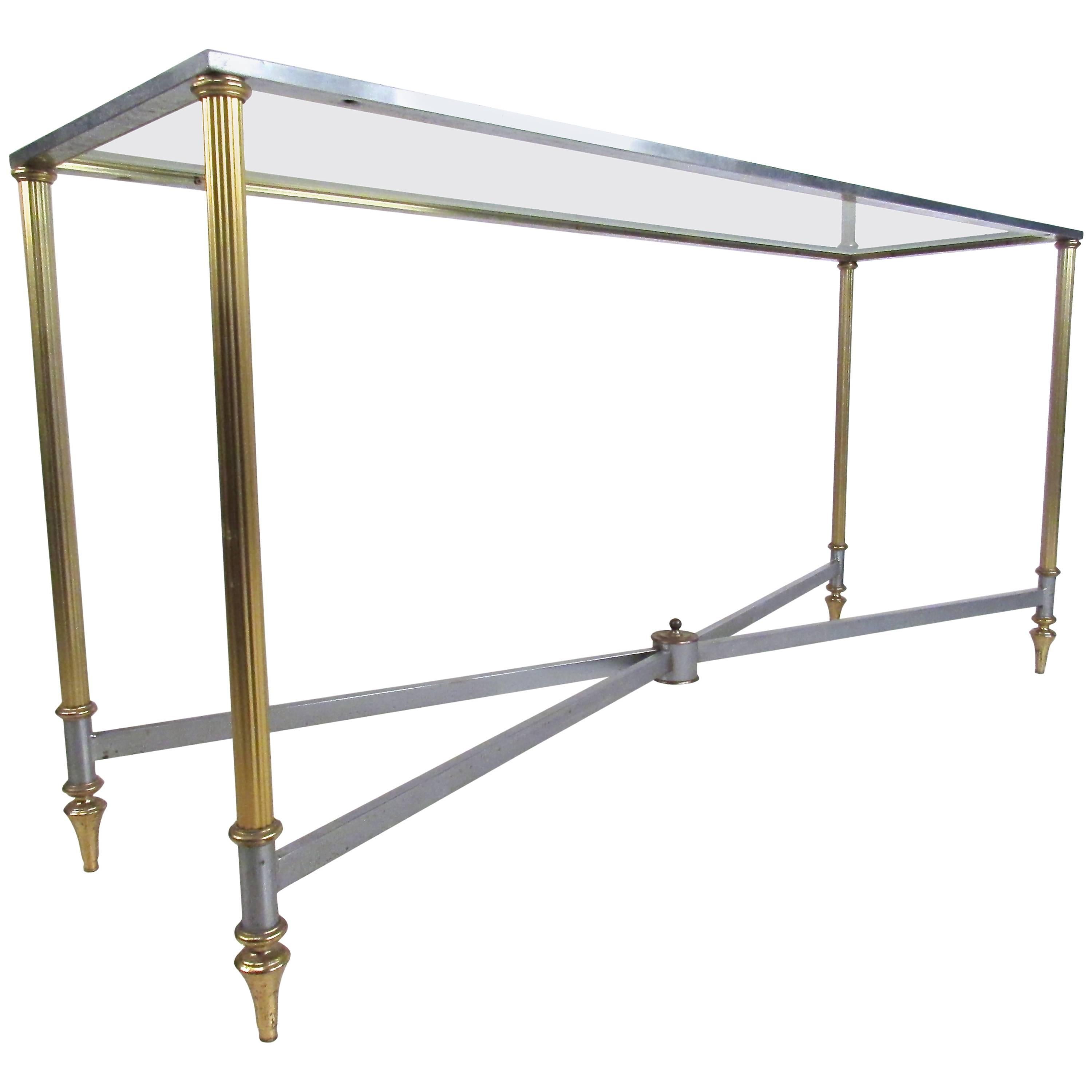 Vintage Brass and Steel Console Table, Mid-Century Maison Jansen Style Table