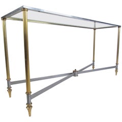 Vintage Brass and Steel Console Table, Mid-Century Maison Jansen Style Table