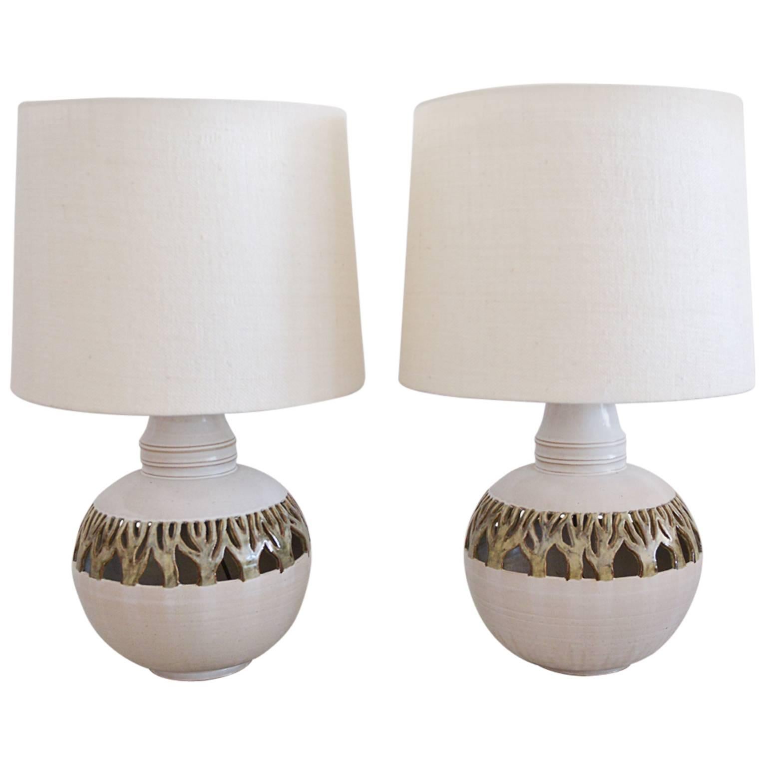 Pair of Ceramic Cut-Out Lamps with Custom Shades