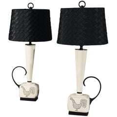Mid-Century Modern Black and White Ceramic Lamps w/Rooster Design, Pair