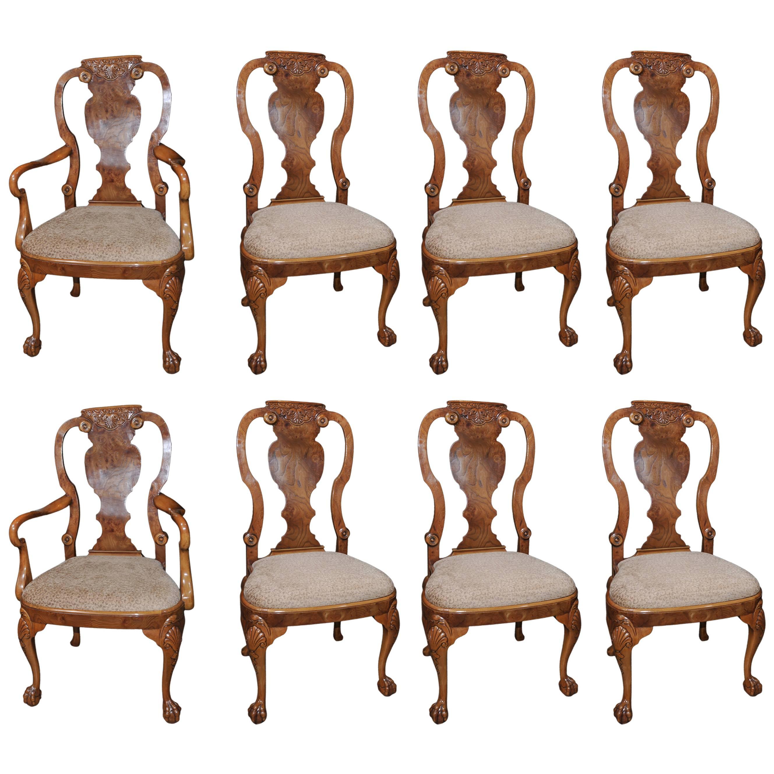 Set of Eight Walnut Queen Anne Style Dining Chairs For Sale