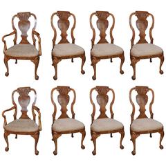 Vintage Set of Eight Walnut Queen Anne Style Dining Chairs