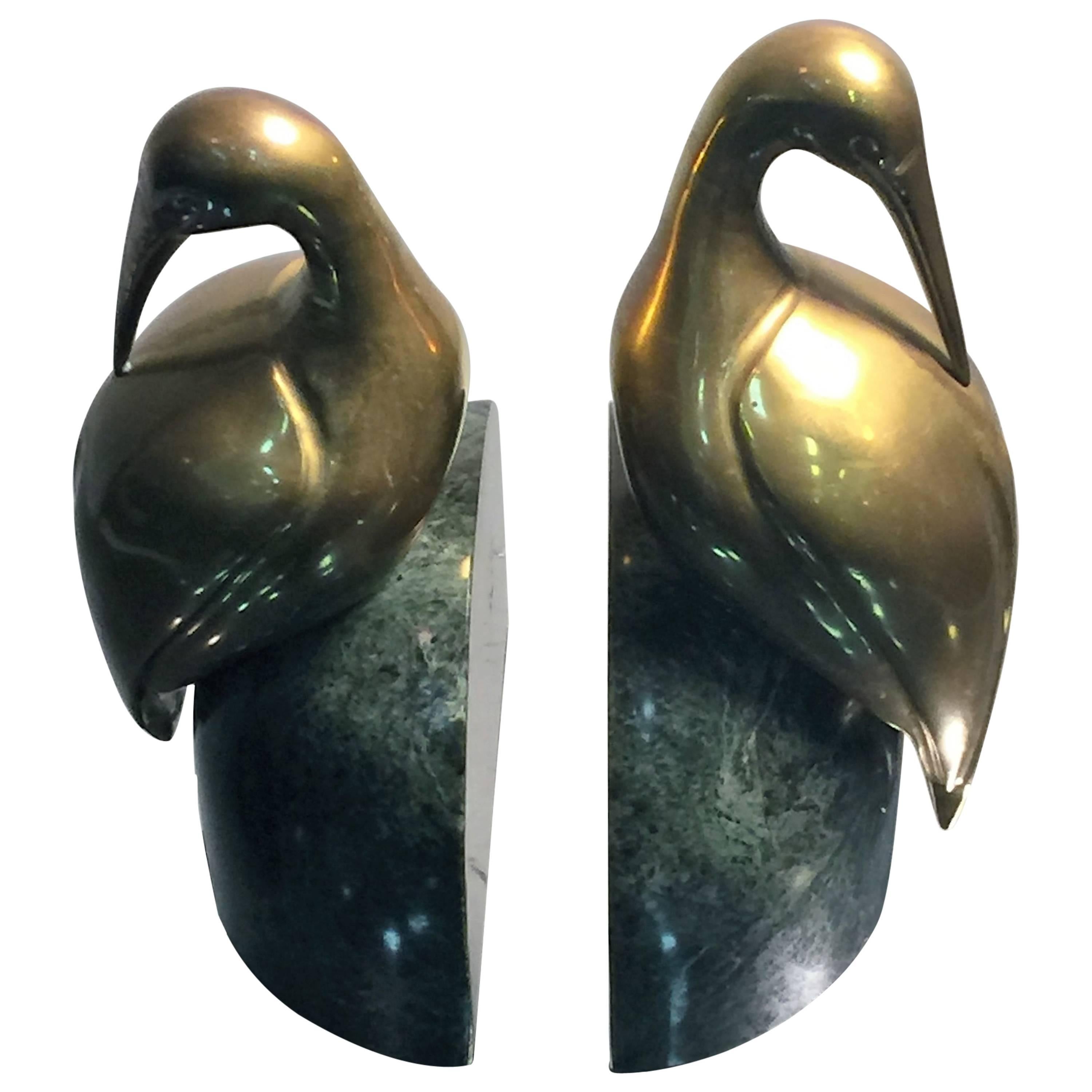 Decorative Pair of Brass Egret on Solid Deep Green Marble Bookends For Sale