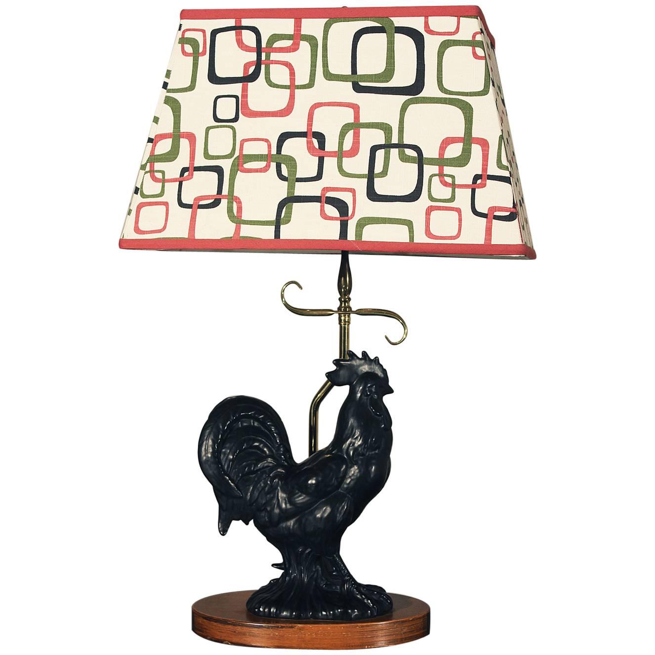 Vintage Mid-Century Black Ceramic Rooster Table Lamp For Sale