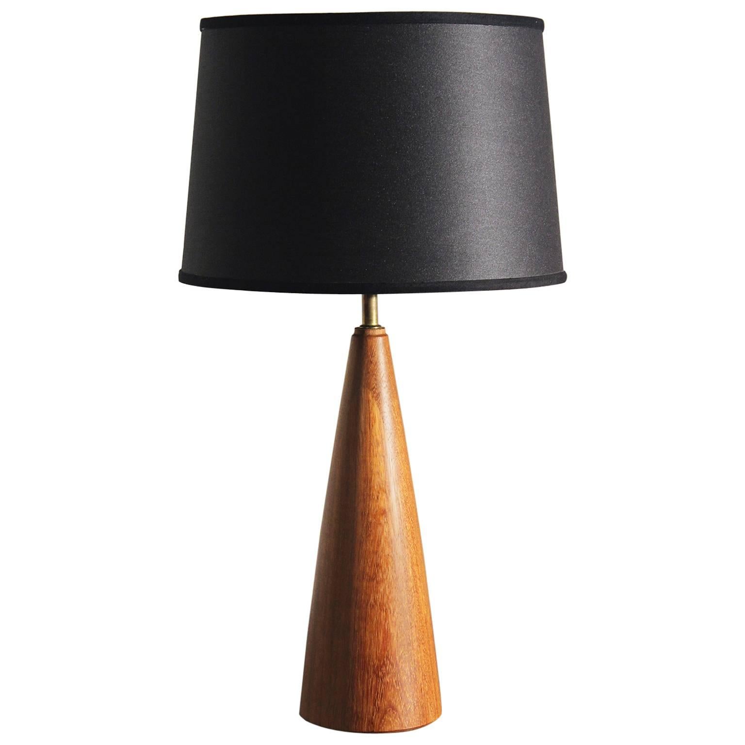 Vintage Teak Scandinavian Modern Conical Table Lamp with Black Shade at