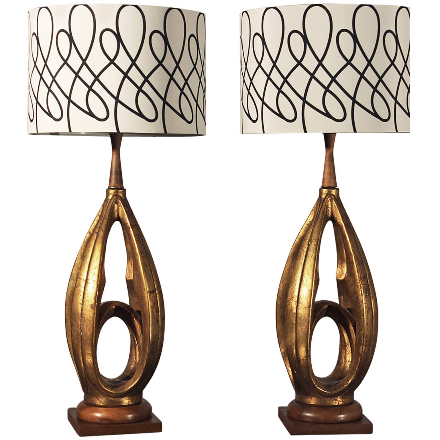 Vintage Pair Plasto Mid-Century Modern Faux Gold Leafed Hollywood Regency Lamps