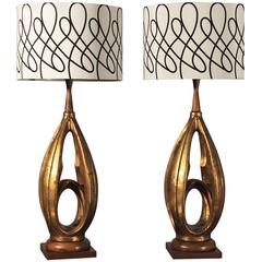 Retro Pair Plasto Mid-Century Modern Faux Gold Leafed Hollywood Regency Lamps