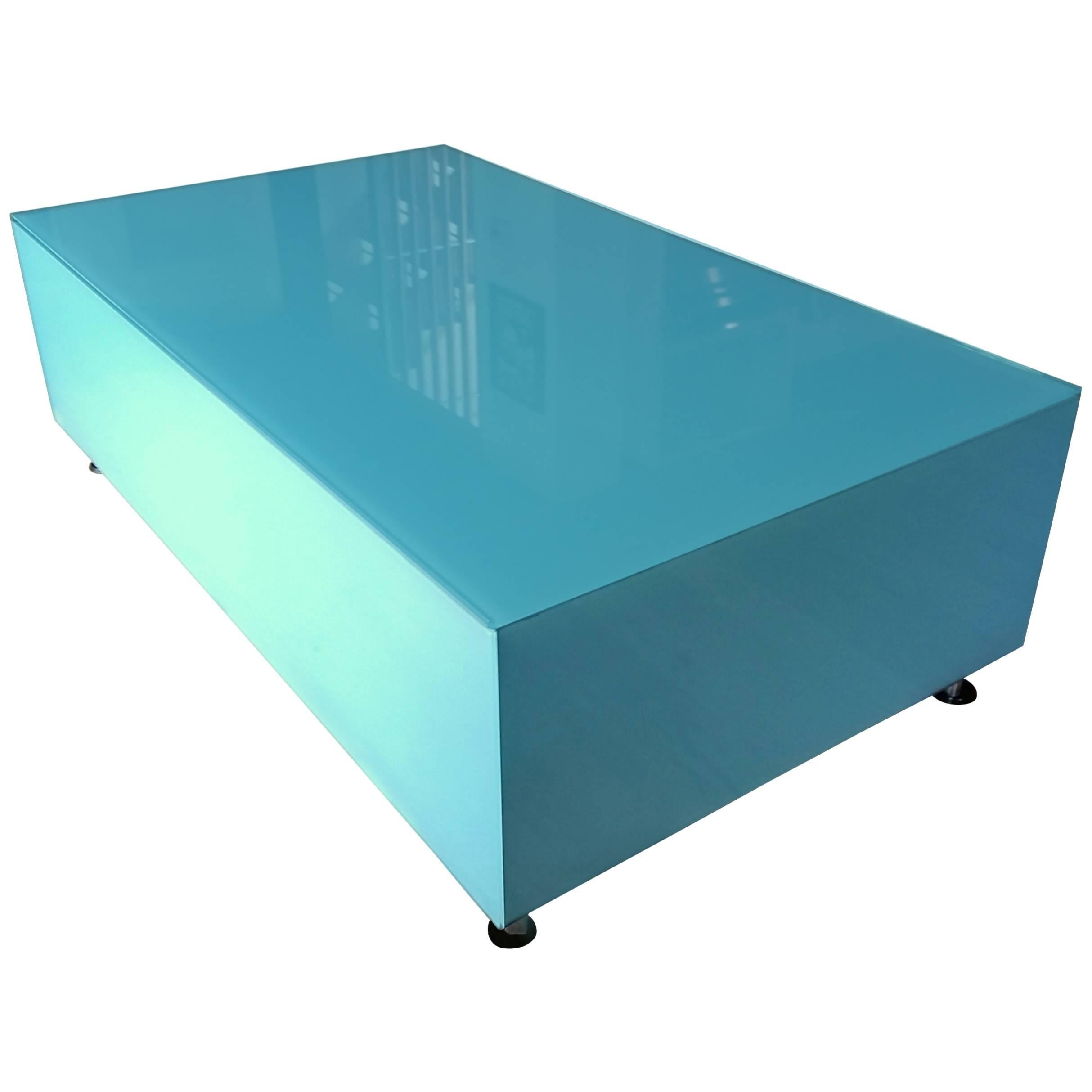 Glass Coffee Table Minimal Reverse Painted Robin's Egg Blue, Italy circa 1970