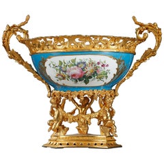 Large Pedestal Bowl in Porcelain and Gilt Bronze, 19th Century