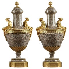 Pair of Mid-19th Century Vases in Ural Granite and Gilt Bronze, Louis XVI Style
