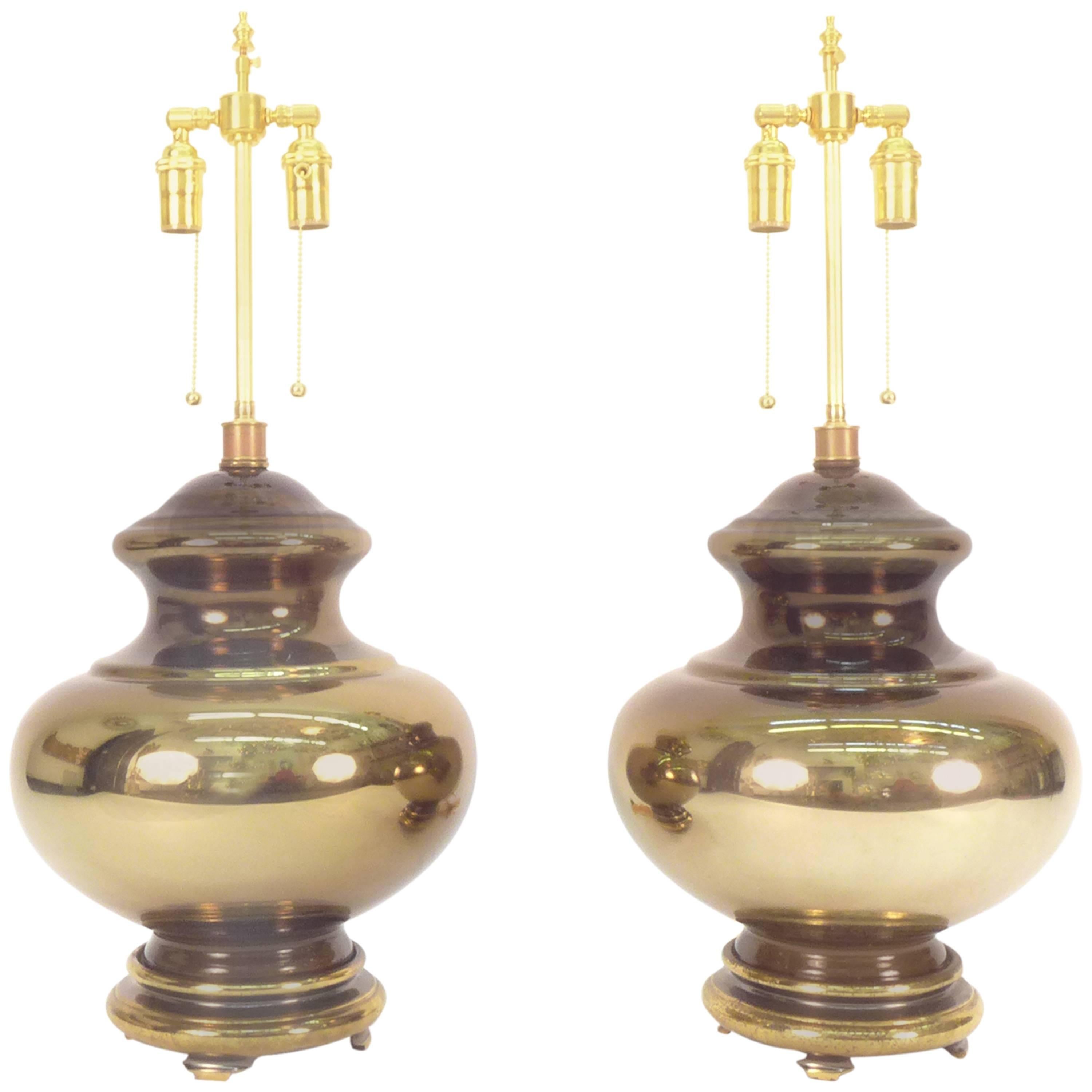 Pair of Large Amber Mercury Glass Lamps For Sale