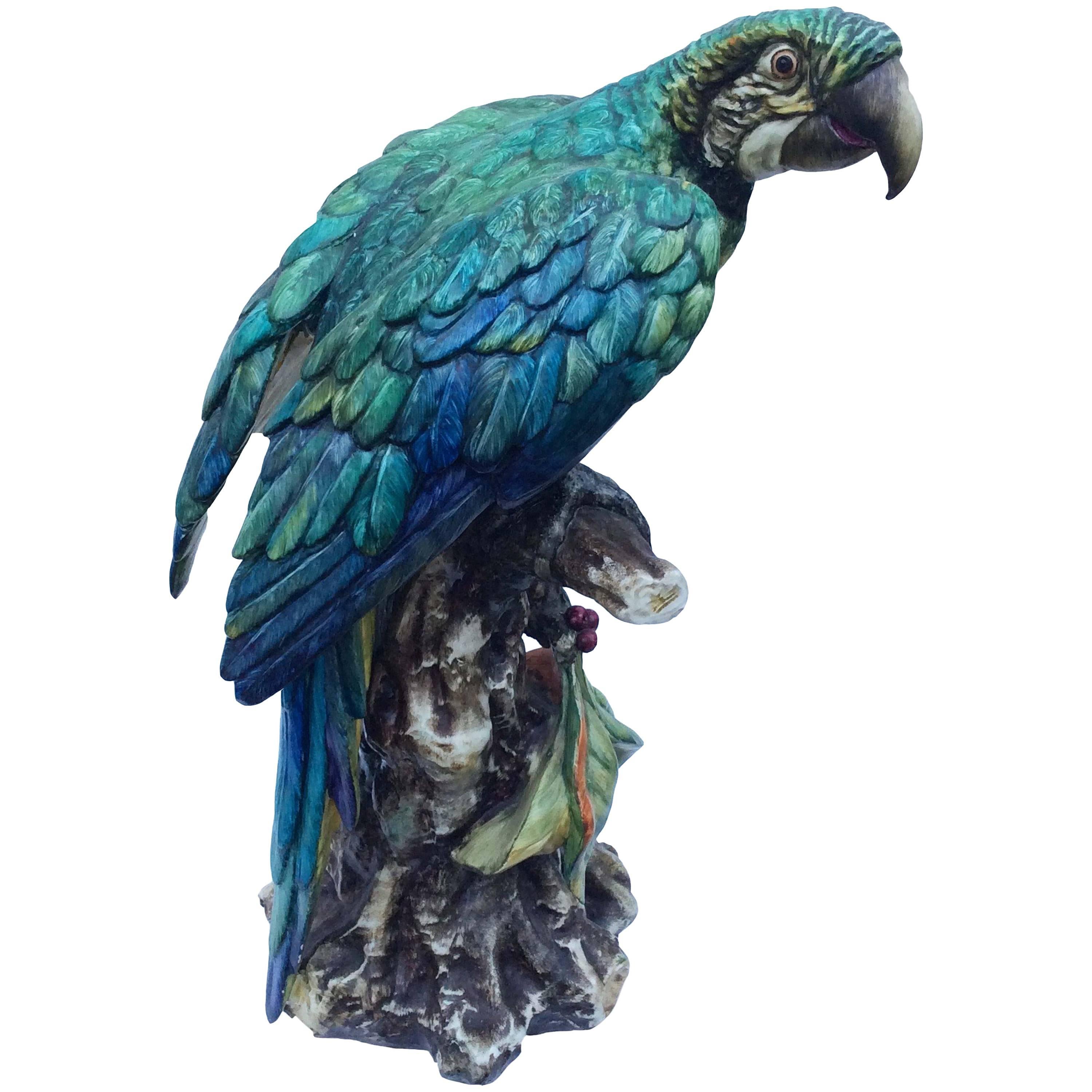Italian Porcelain Parrot Statue, Signed Guido Cacciapuoti For Sale