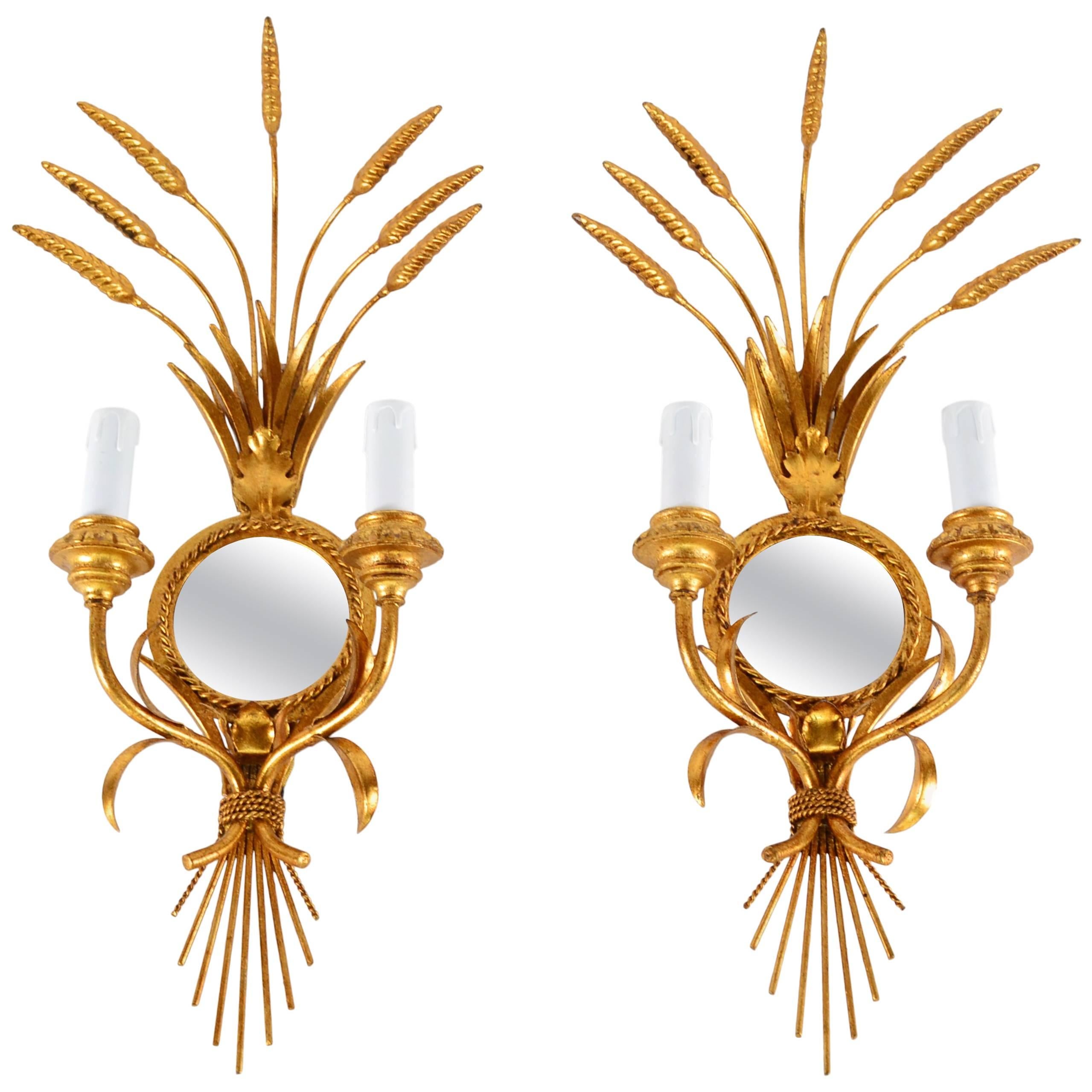 Pair of Italian Mirrored Giltwood Wheat Sconces Hollywood Regency