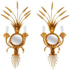 Pair of Italian Mirrored Giltwood Wheat Sconces Hollywood Regency