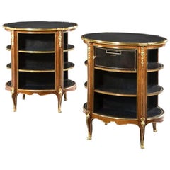 Antique Pair of Open Library Bookcases Are Inset with Oval Black Leather Tops