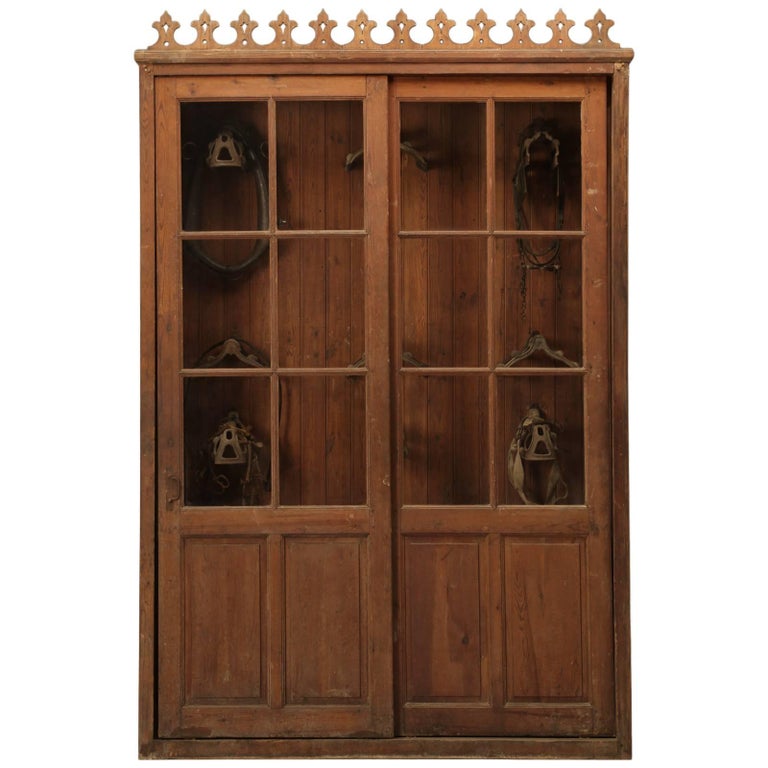 Antique Fitted French Tack Cabinet in Original Finish or Possible Bookcase For Sale