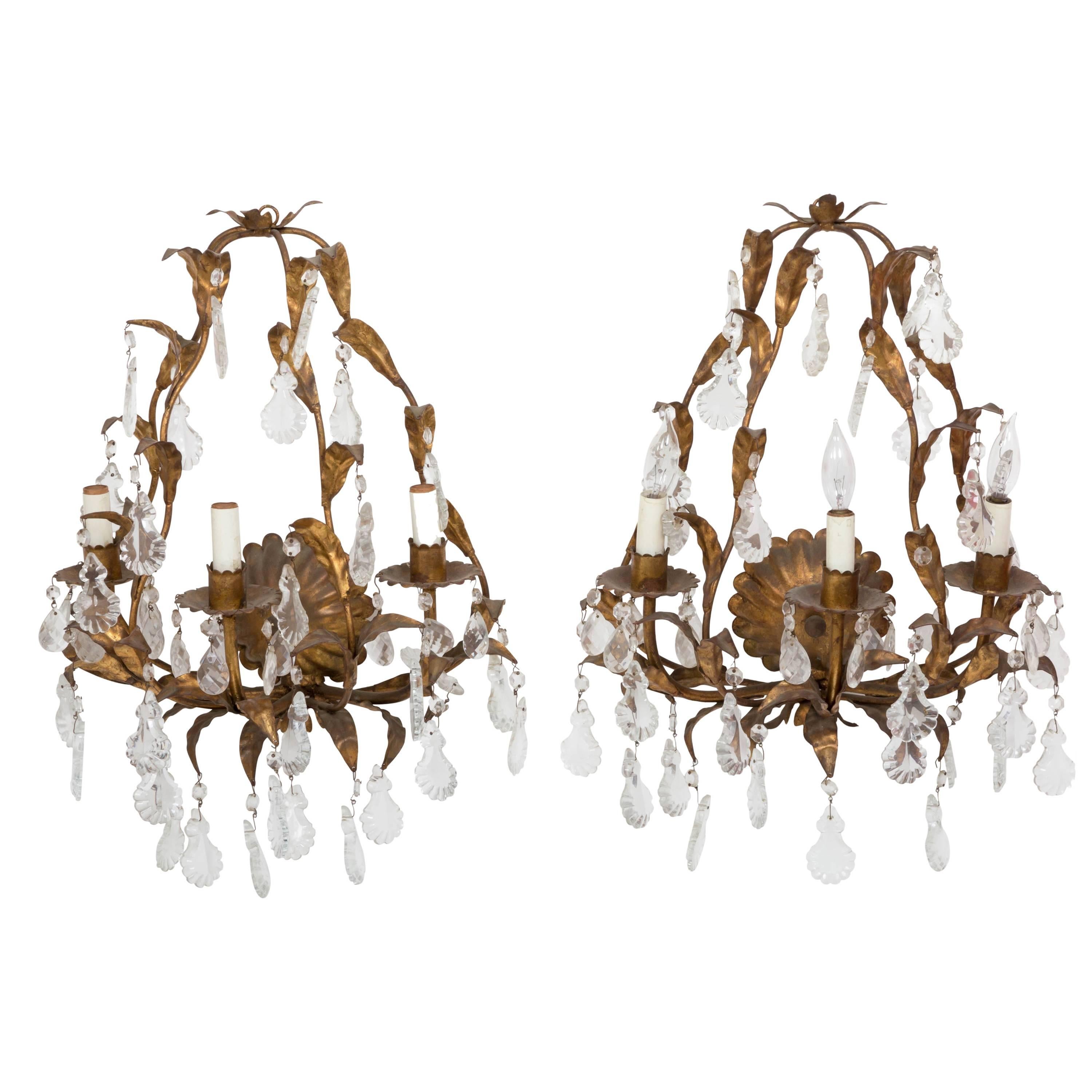 Pair Gilded Italian Metal Foliate 3 Light Sconces with Scallop shape Crystals  For Sale