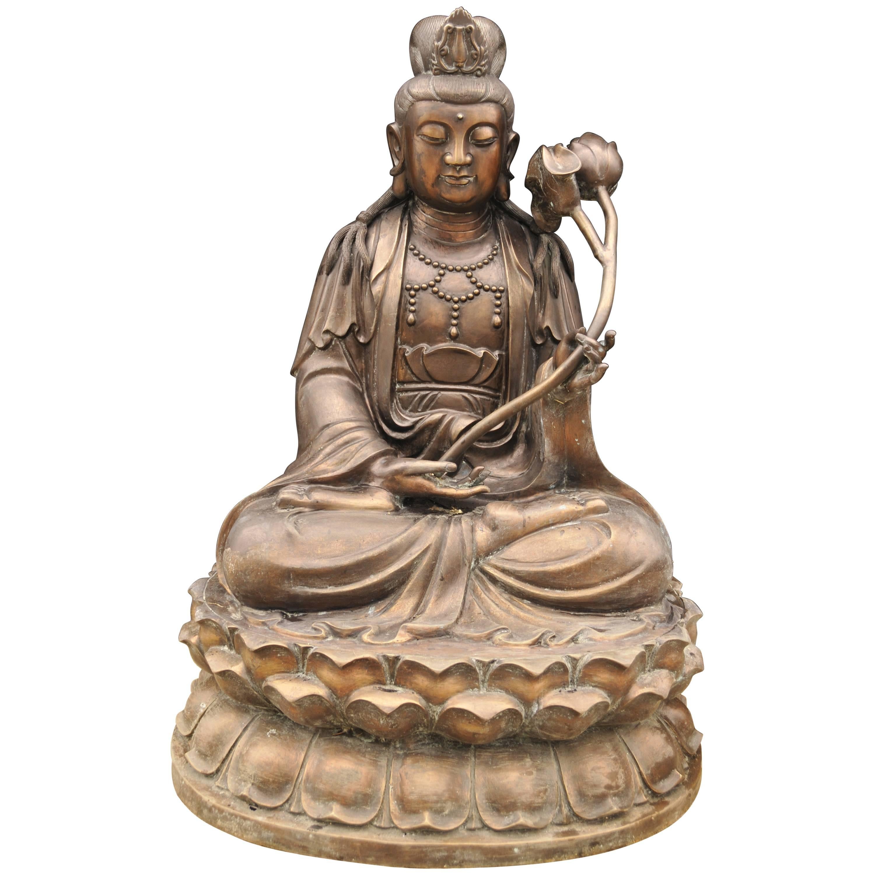 Large Bronze Buddha Statue Lotus Flower Sculpture Buddhism Burmese Buddhist For Sale