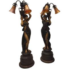 Retro Stunning Pair of Two French Bronze Ladies 'Torchere' Floor Lamps