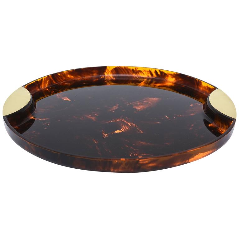 Tortoise Lucite and Brass Serving /Bar Round Tray at 1stDibs round lucite tray