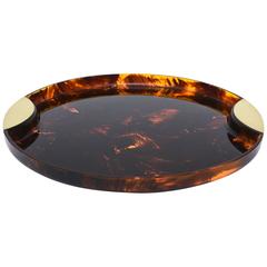Tortoise Lucite and Brass Serving /Bar Round Tray