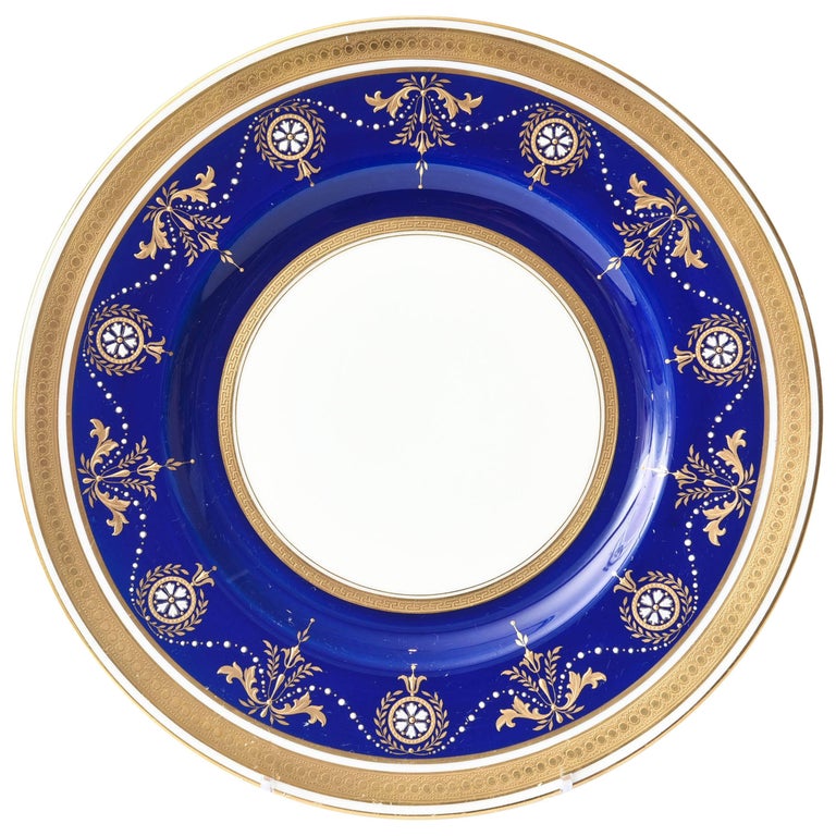 12 Antique Minton England Elaborate Cobalt Jewel & Gilt Encrusted Dinner Plates For Sale