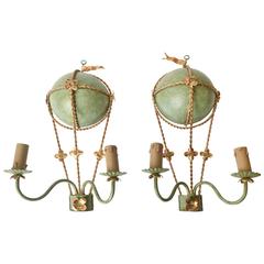 Pair of Vintage Balloon Light Sconces, Faux Marble Painted, Gilt Metal Rope