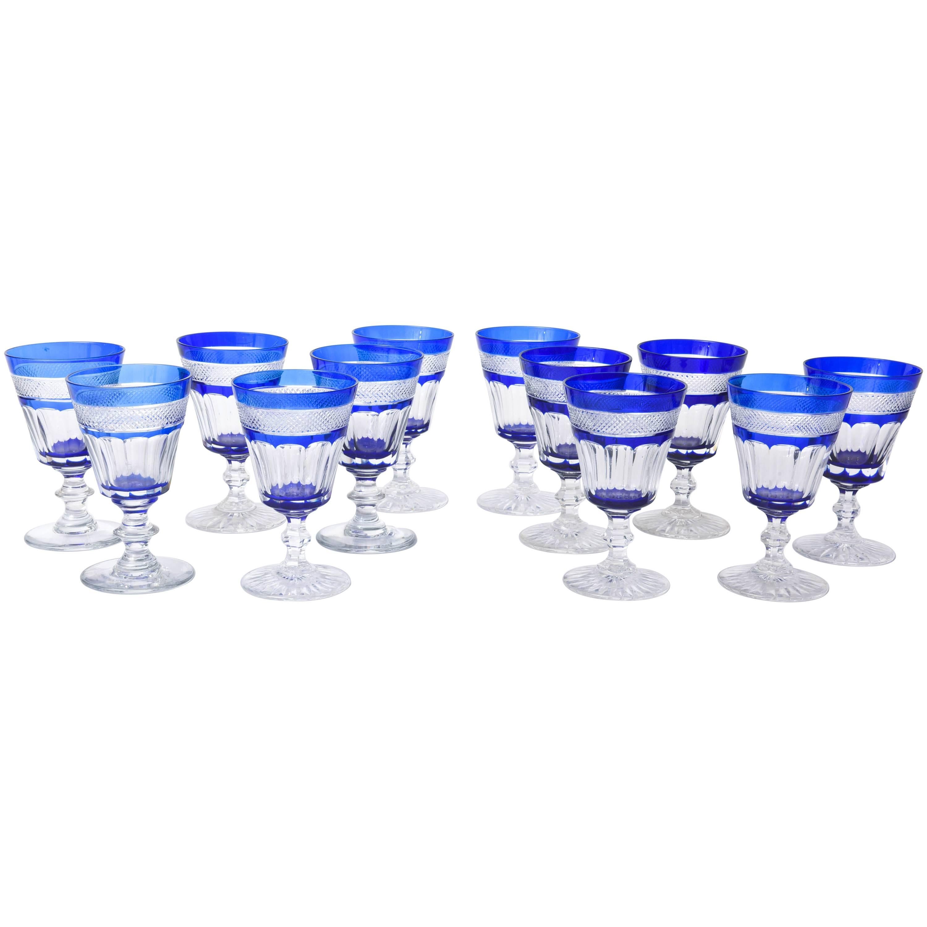 12 Cobalt Blue and Clear Cut Wine Glasses, Antique