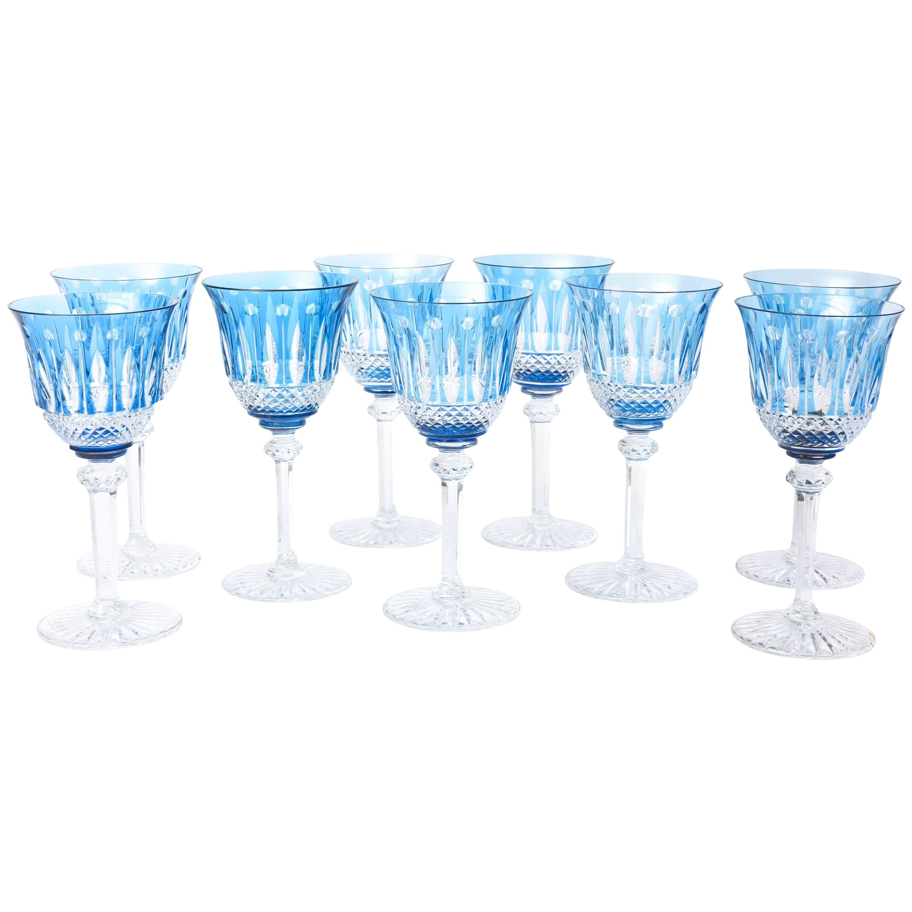 Set of Nine Saint Louis Cut Crystal Goblets, Sky Blue with Original Stickers
