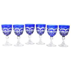 Six Deco Era Cobalt Blue, Heavy and Impressive Val Saint Lambert Crystal Goblets