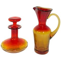 Mid-Century Modern Pair Of Blenko Style Glass Amberina Decanter & Pitcher
