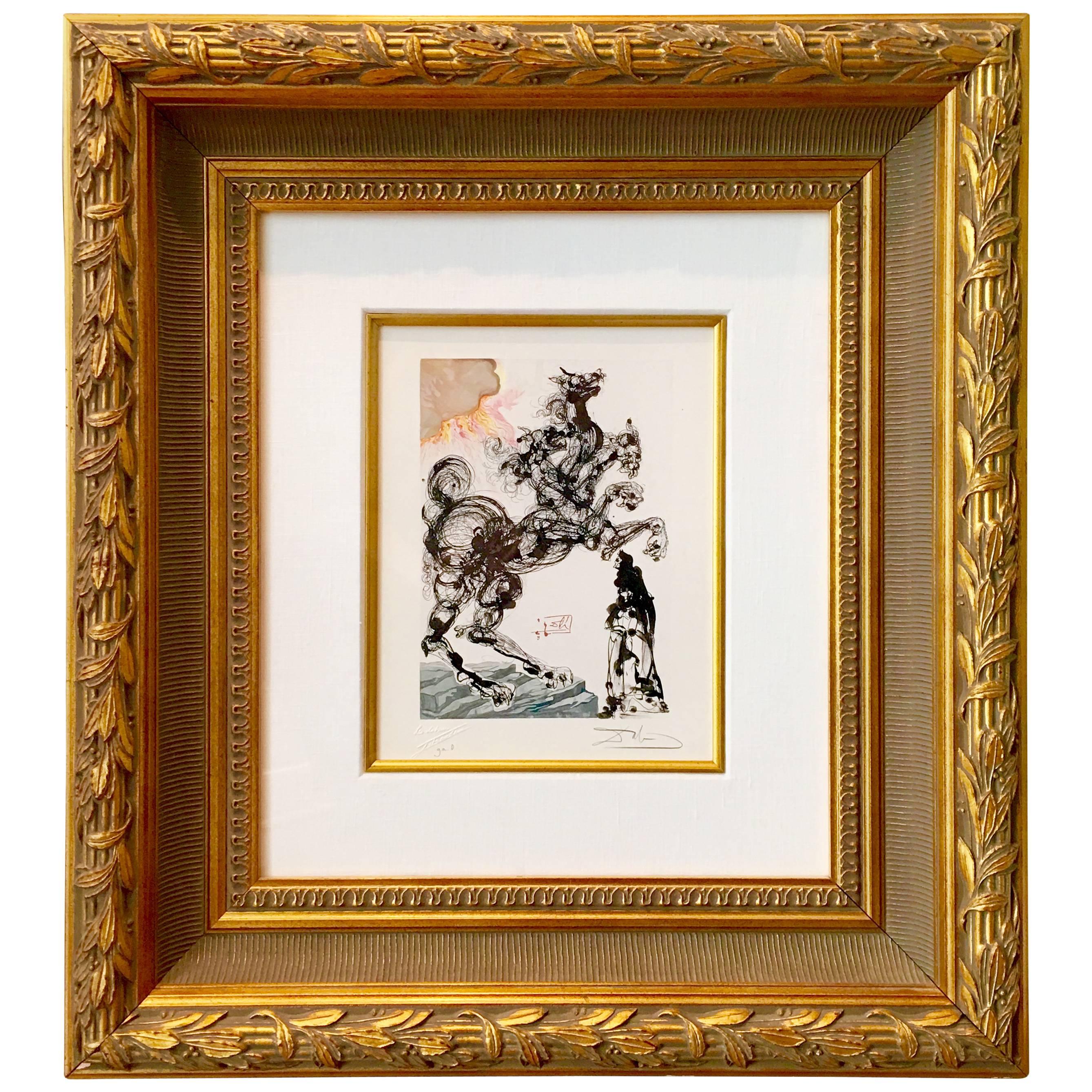 1970s Salvador Dali Pencil Signed Wood Cut "Cerberus Inverno 6"