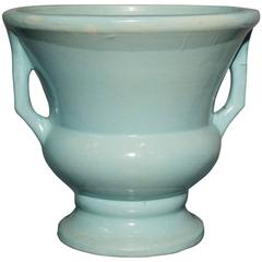 Vintage Sea Green Double Handled Urn Style Floor Vase or Pier Planter