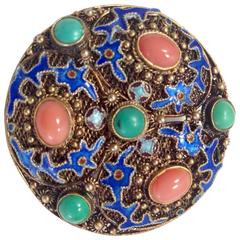 1930s Chinese 925 Gold Plated Cloisonne Turquoise and Coral Brooch