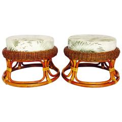 Vintage 1940s Pair of Rattan and Wicker Bent Wood Stools