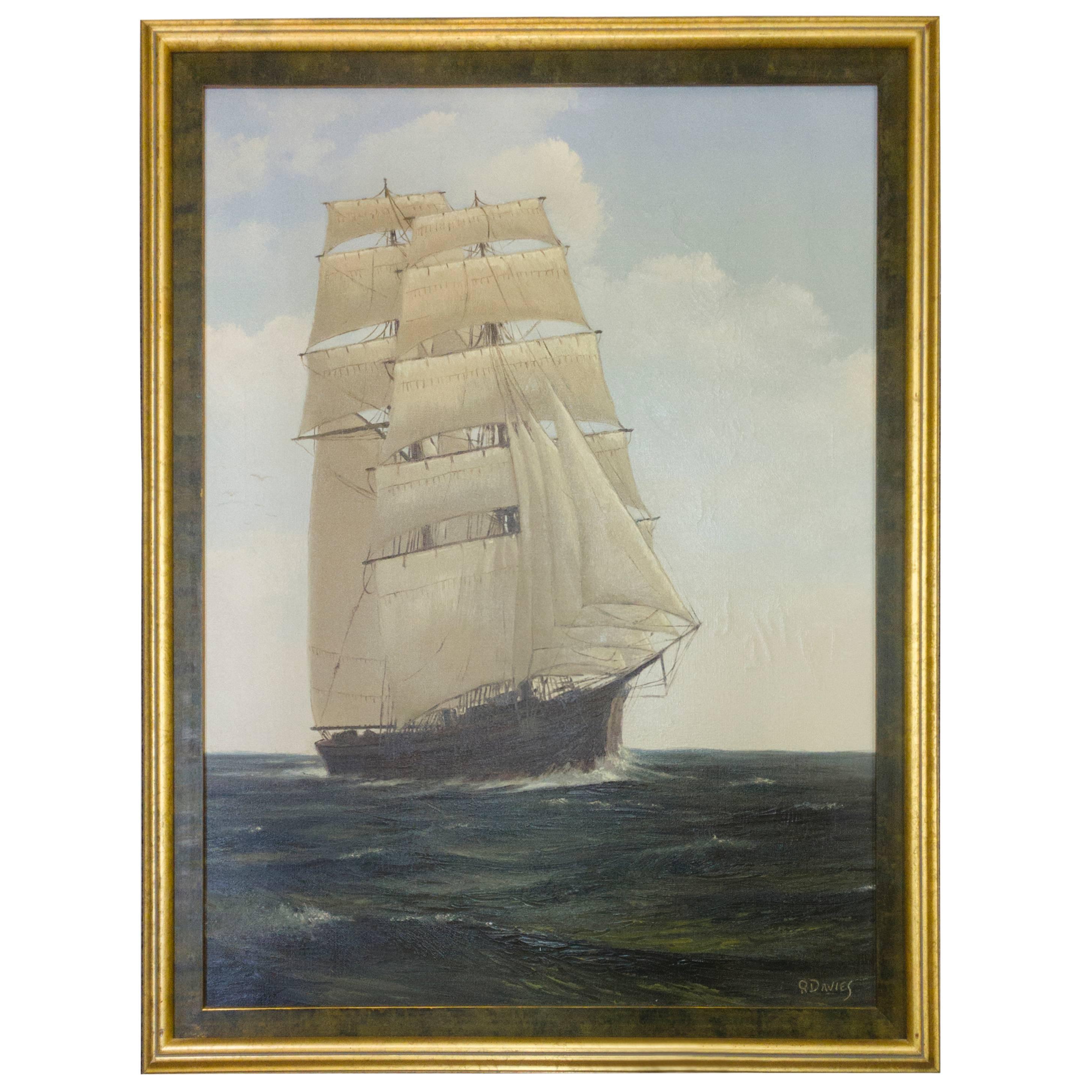 Sailing Clipper Oil on Canvas Painting Signed Ronald Davies For Sale