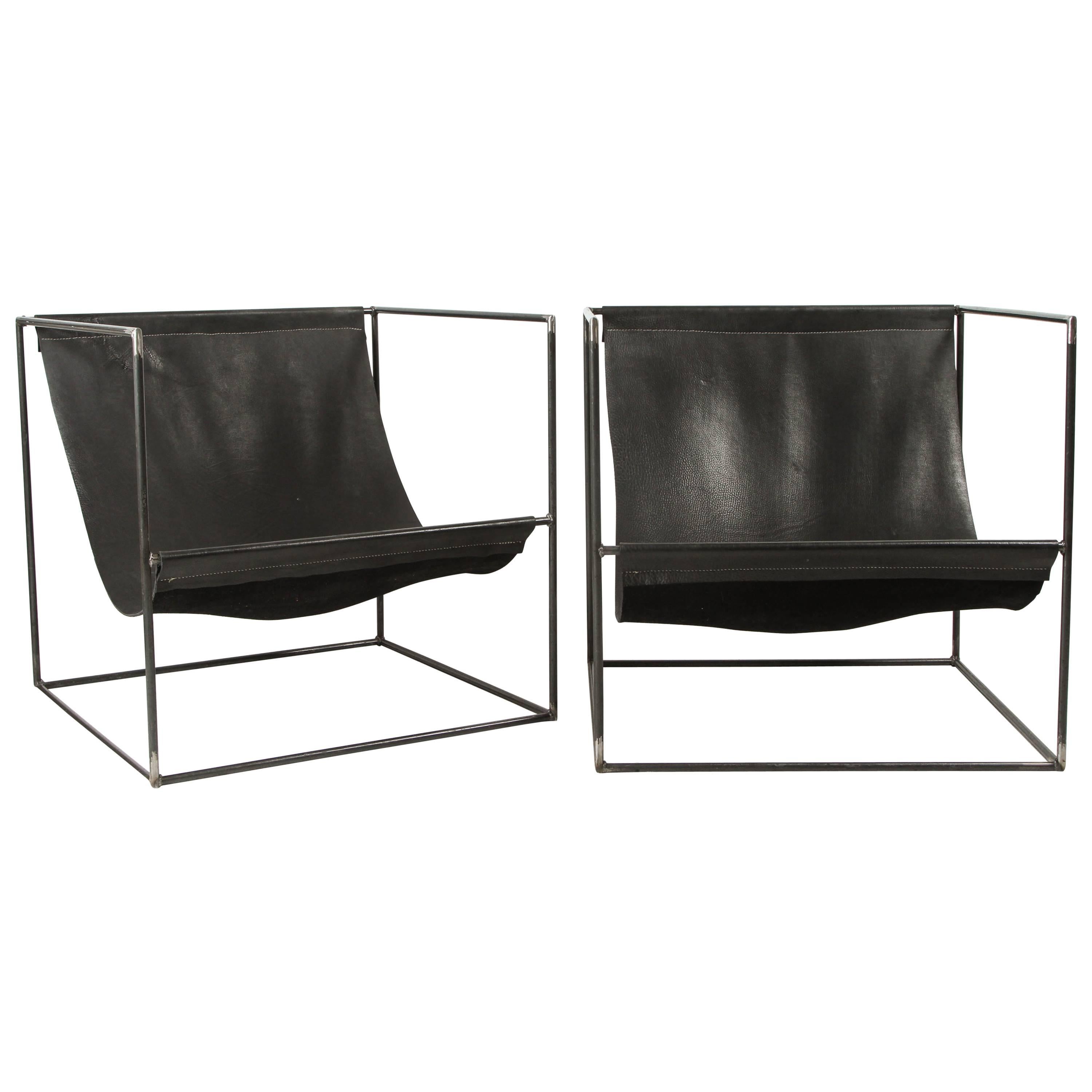 Pair of Leather Slinged Iron Cubed Chairs