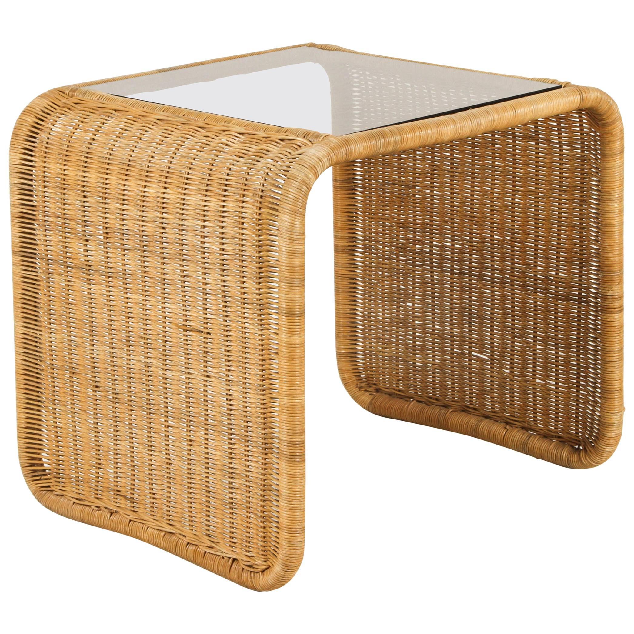 Vintage Rattan and Glass Waterfall Side Table