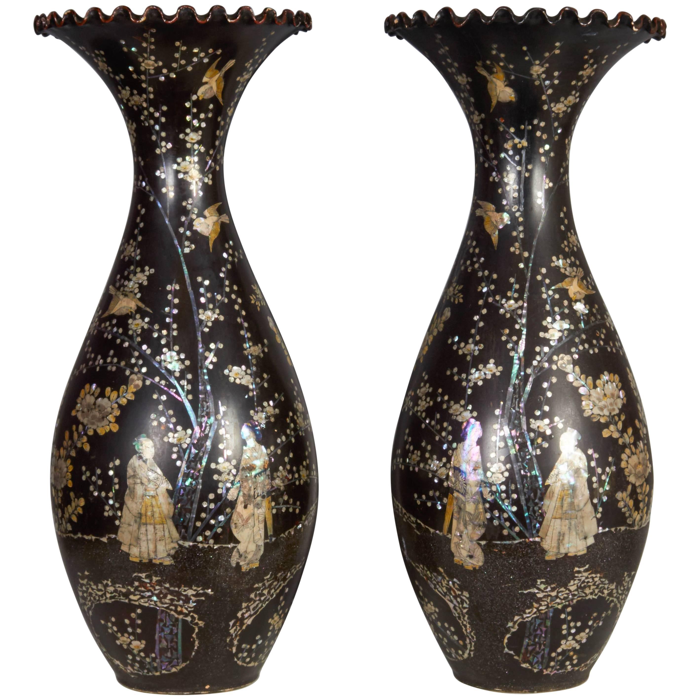 Unusual Pair of Mother of Pearl Inlaid Black Porcelain Japanese Vases