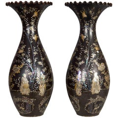 Unusual Pair of Mother of Pearl Inlaid Black Porcelain Japanese Vases