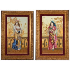 Monumental Pair of Porcelain Plaques of Orientalist or Turkish Women in Castle