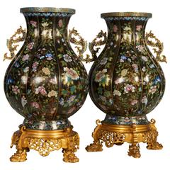 Pair of Chinese Cloisonné and French Barbedienne Attributed Bronze-Mounted Vases